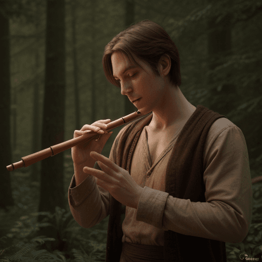 AI generated: an average looking, DnD human, in a forest, plaing a wooden piccolo flute, cinematic light, 4k, phot...