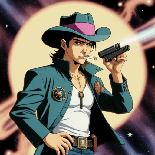 AI generated: A 90s anime style space-cowboy with a revolver in hand and cigarette in mouth with hat, high fidelit...