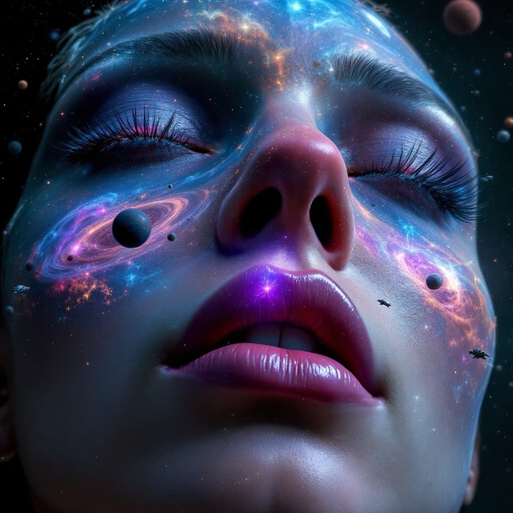 AI generated: close up of an enormous giantess floating in space's nostrils, minuscule galaxy in front of her mout...