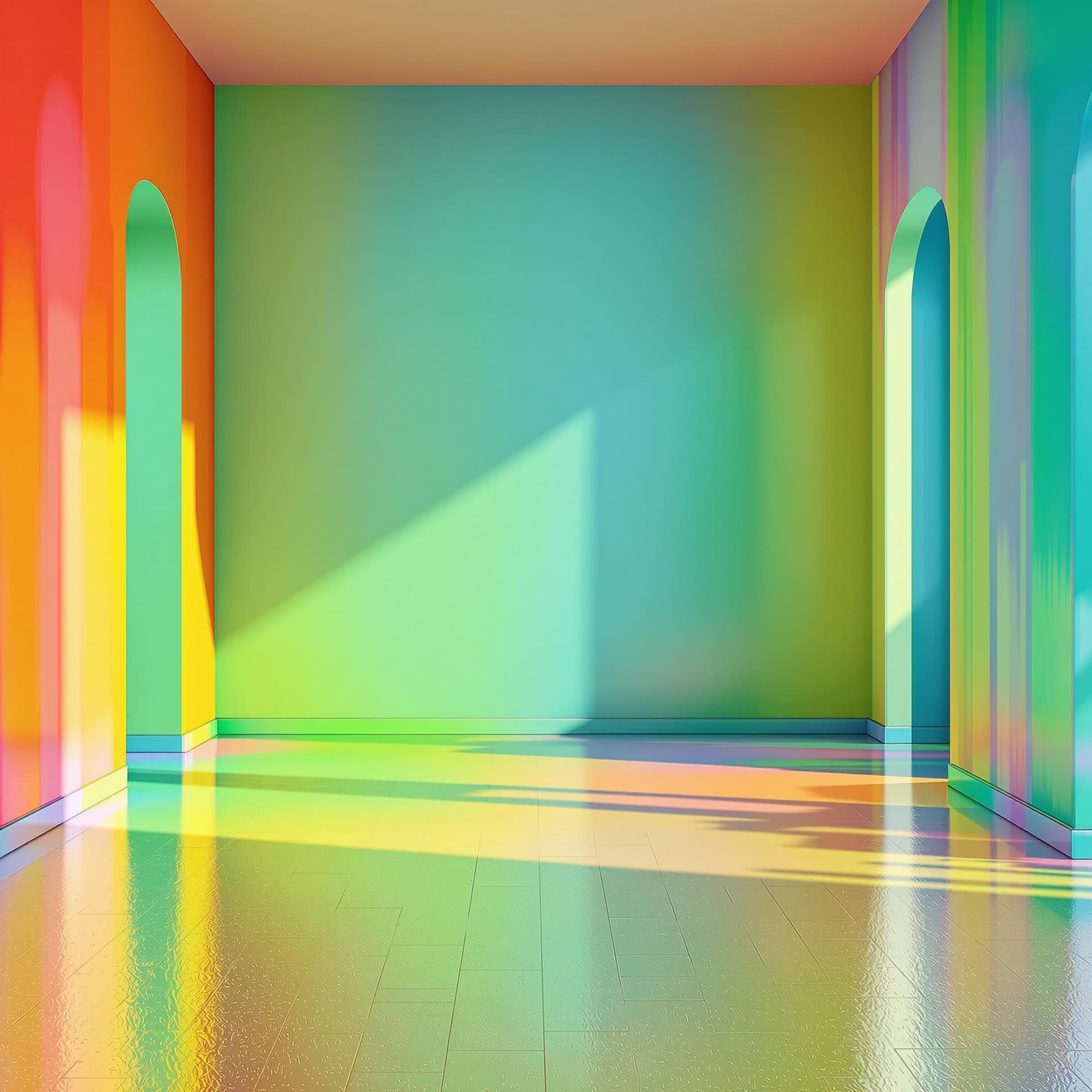 AI generated: blank empty very colorful vibrant multicolor background interior ROOm with shiny COLORED floor, the ...