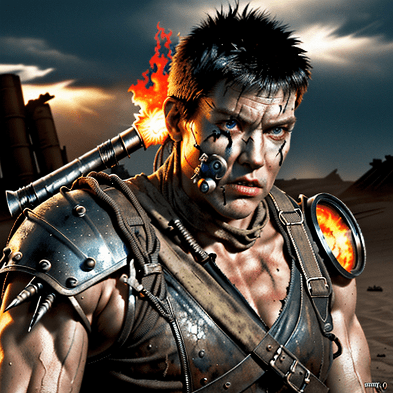 AI generated: mad max post apocalyptic  warrior, strong, muscular, flames, 8k, ultra realistic, vivid realistic li...