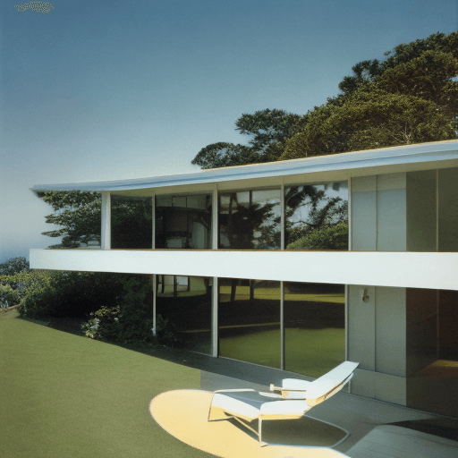 AI generated: Hyper realistic eye level exterior photo of a mid century modern style house overlooking the ocean, ...
