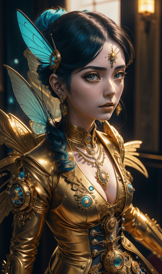 AI generated: 3d image of a steampunk woman, in the style of Bella Kotak, gold and cyan, photorealistic detail, da...