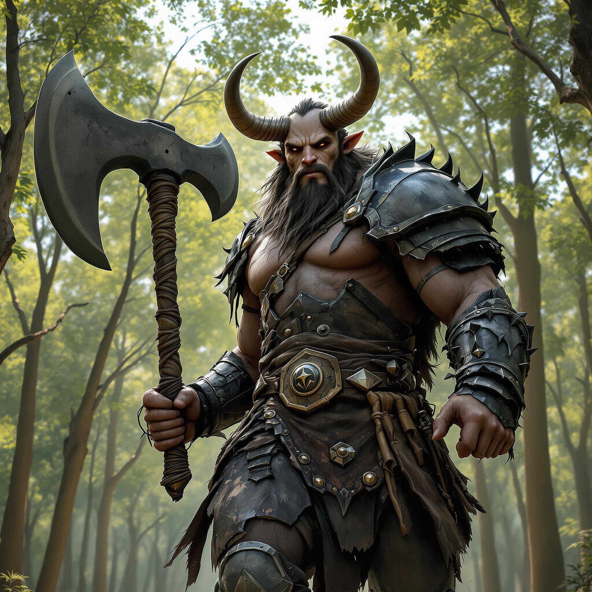 AI generated: A minotaur warrior, with a face with humanoid features and young in age, looks about 20 years old, d...