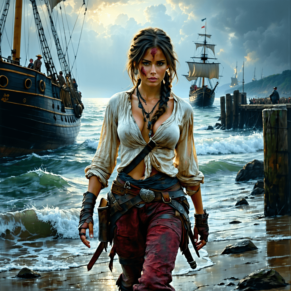 AI generated: oil painting, A resilient pirate captain, with weathered skin, a scar on her left breast, a determin...