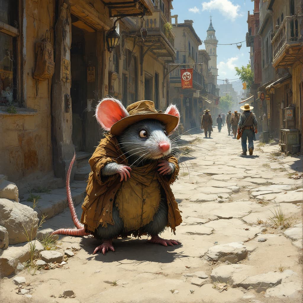 AI generated: poor whit rat hide on city in wild west city 