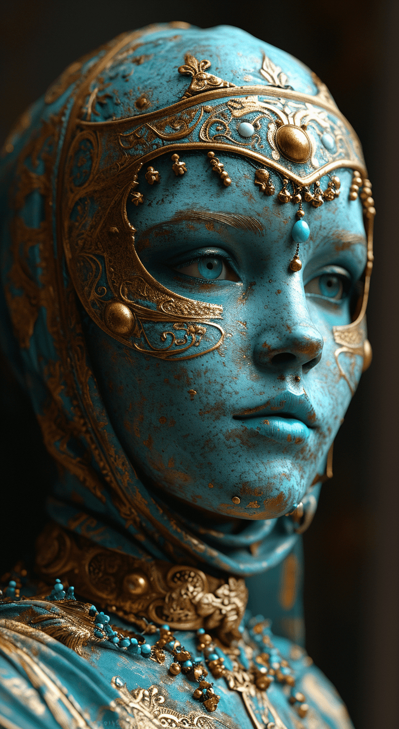 AI generated: a woman wearing an elaborate mask around her face, in the style of vray tracing, cloisonnism, turquo...
