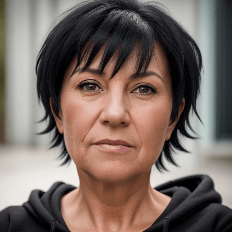 AI generated: hyper realistic headshot photo of a 55 year old woman, wearing a black hoodie, short black hair,  lo...