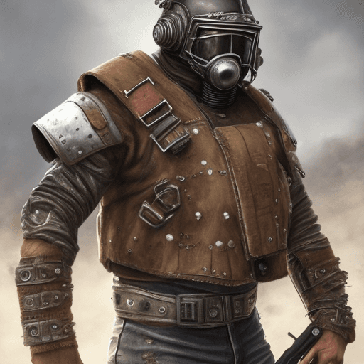 AI generated: Hyper realistic portrait of a wastelander, dressed in leathers and scrap armor, football shoulderpad...