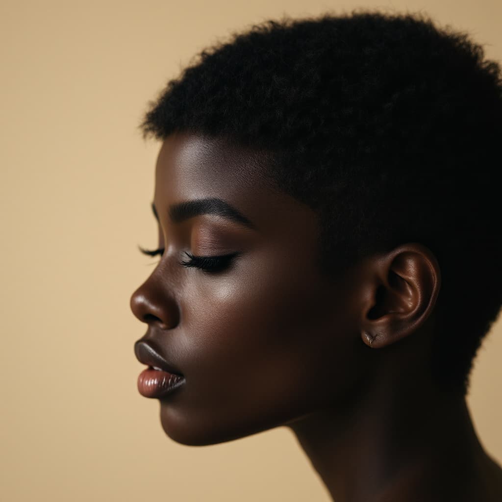 AI generated: hair photography, black woman, pixie cut hair, black  color, ivory hue background, studio lighting s...