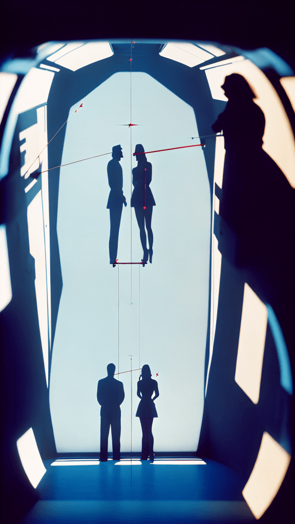 AI generated: shadows of a man and a woman standing  opposite each other inside a spaceship. They are shooting arr...