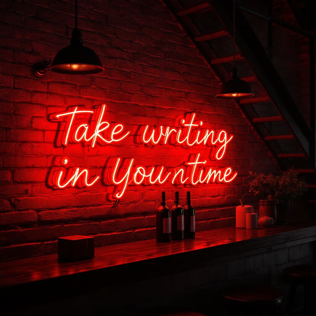 AI generated: hyper realistic red led tube writing desktop sign on top of a industrial look bar  with brick tiles ...