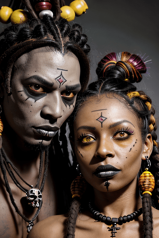 AI generated: A male and a female voodoo priests, wildly seductive, damballa, dark complexion, voodoo symbols on f...