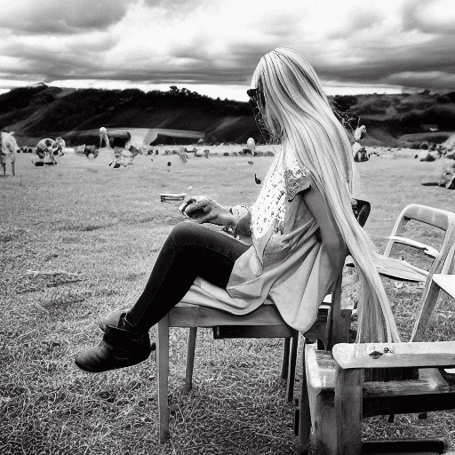 AI generated: a blonde woman with long hair leans on a chair, in the style of social media portraiture, earthcore,...