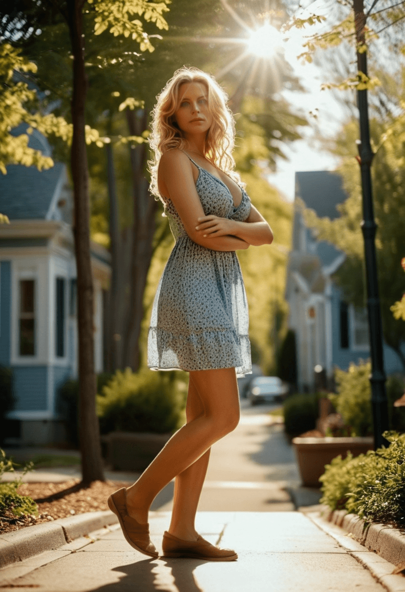 AI generated: cinematic film still woman, long wavy blonde hair, light-blue eyes, low angle, wearing a short summe...
