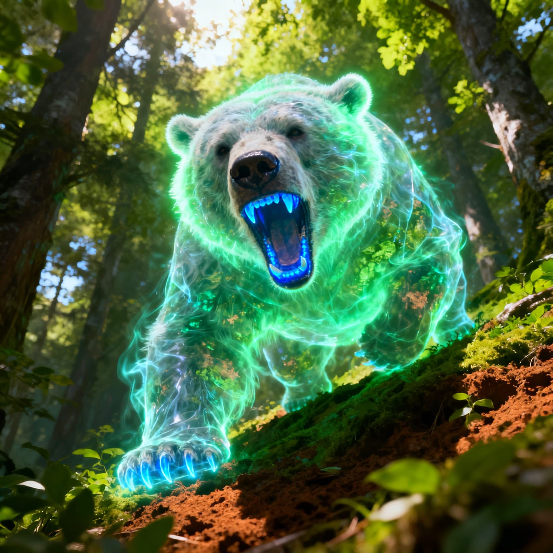 AI generated: A spectral bear (glowing aura:1.3), snarling with open mouth, translucent, ethereal form, translucen...