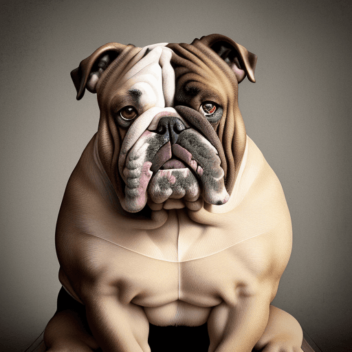 AI generated: A real natural old bulldog, in full seated facing directly to the camara but sad looking , with orig...