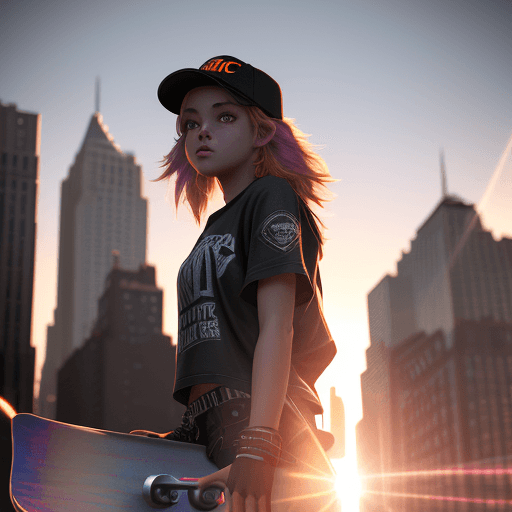 AI generated: skater girl in new york Epic sunset lighting, volumetric lighting, ray traced lighting, Houdini rend...