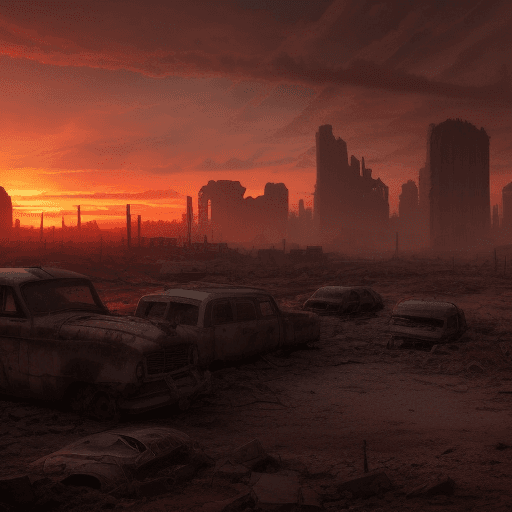 AI generated: apocalyptic city with sunset,glowing colors, red and yellow, in game, 