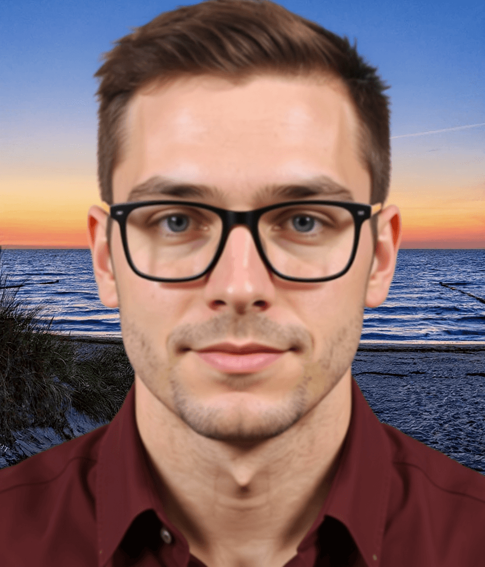 AI generated: Young handsome man, brown short hair, blue eyes. 
Use image and make thinner
