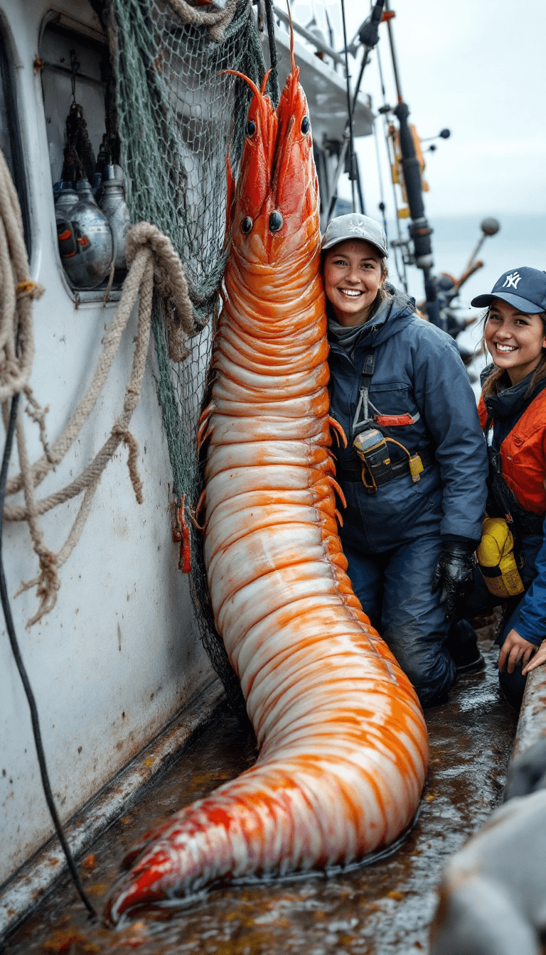 AI generated: A full-length photograph of two female fishermen on a fishing boat with a giant worm. The worm is hu...