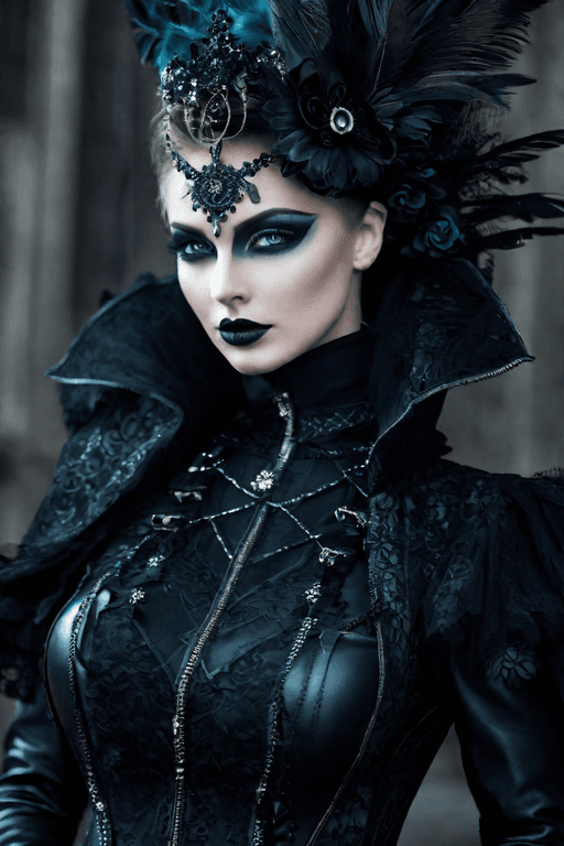 AI generated: A beautiful girl in gotic style whole body ,very detailed face and body,walking through a dystopian ...