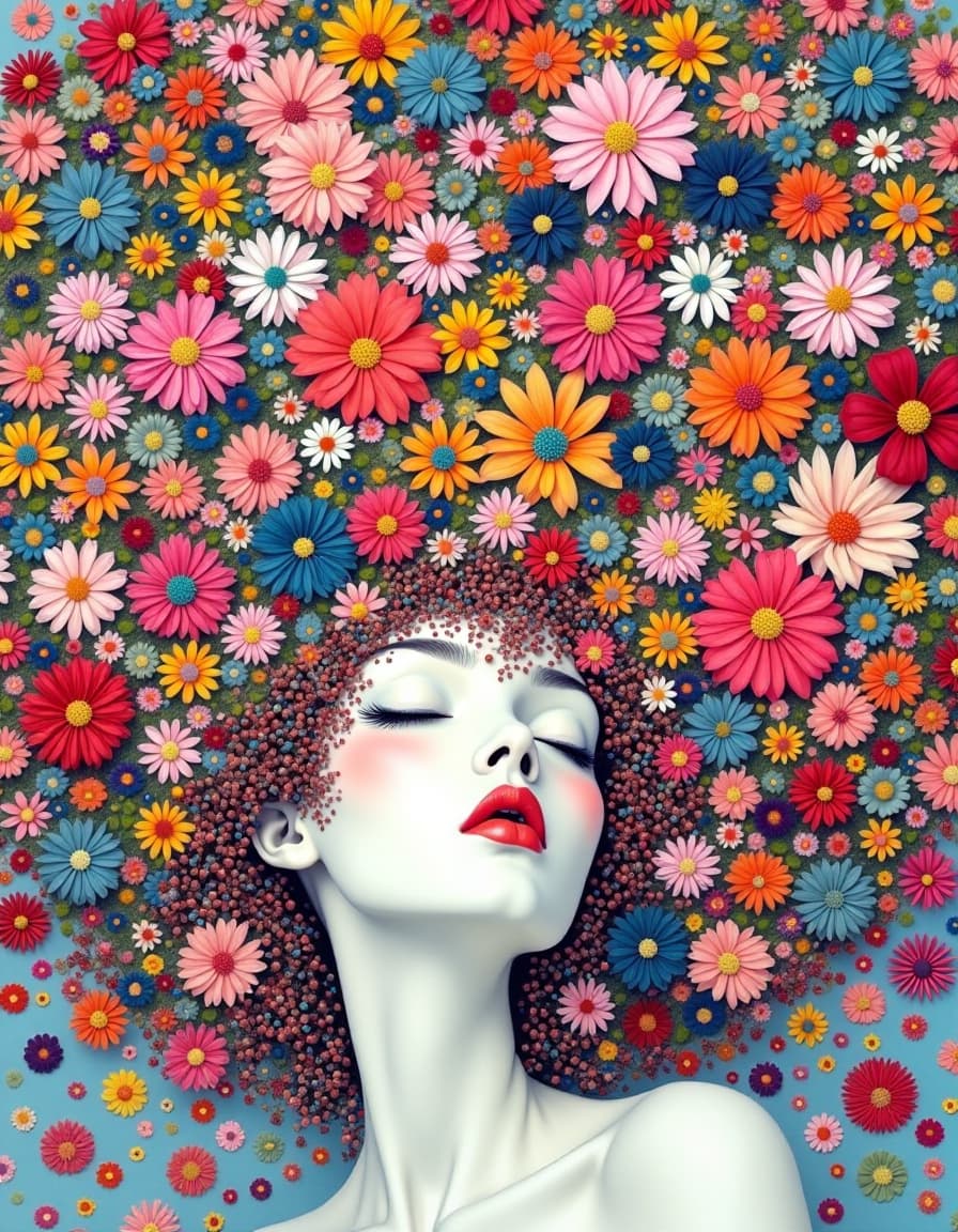 AI generated: Takashi Murakami art style. A white woman with voluminous, cloud-like curls resembling the lush cano...