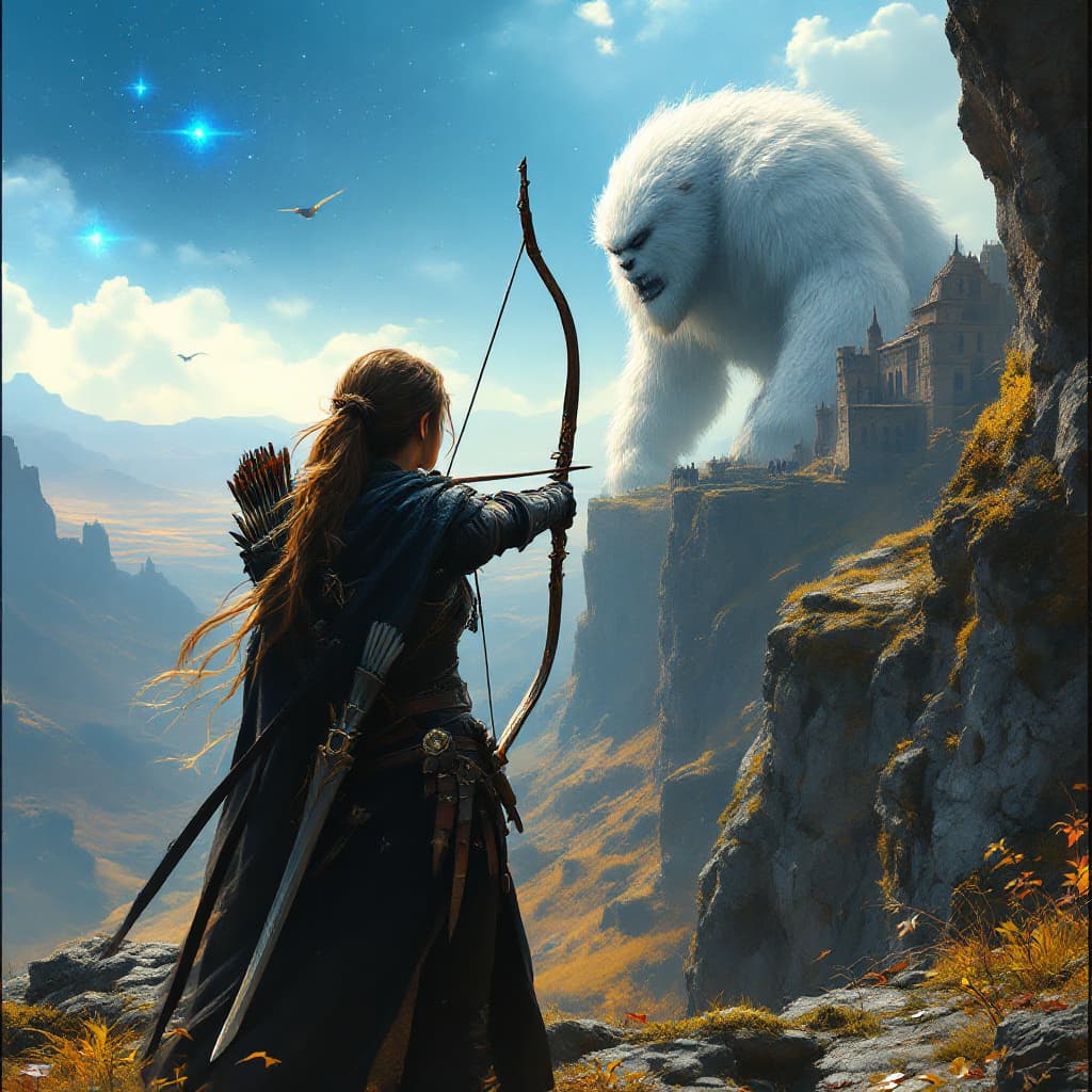AI generated: The back of a medieval female warrior's head is tilted to the left from her shoulders as she aims an...