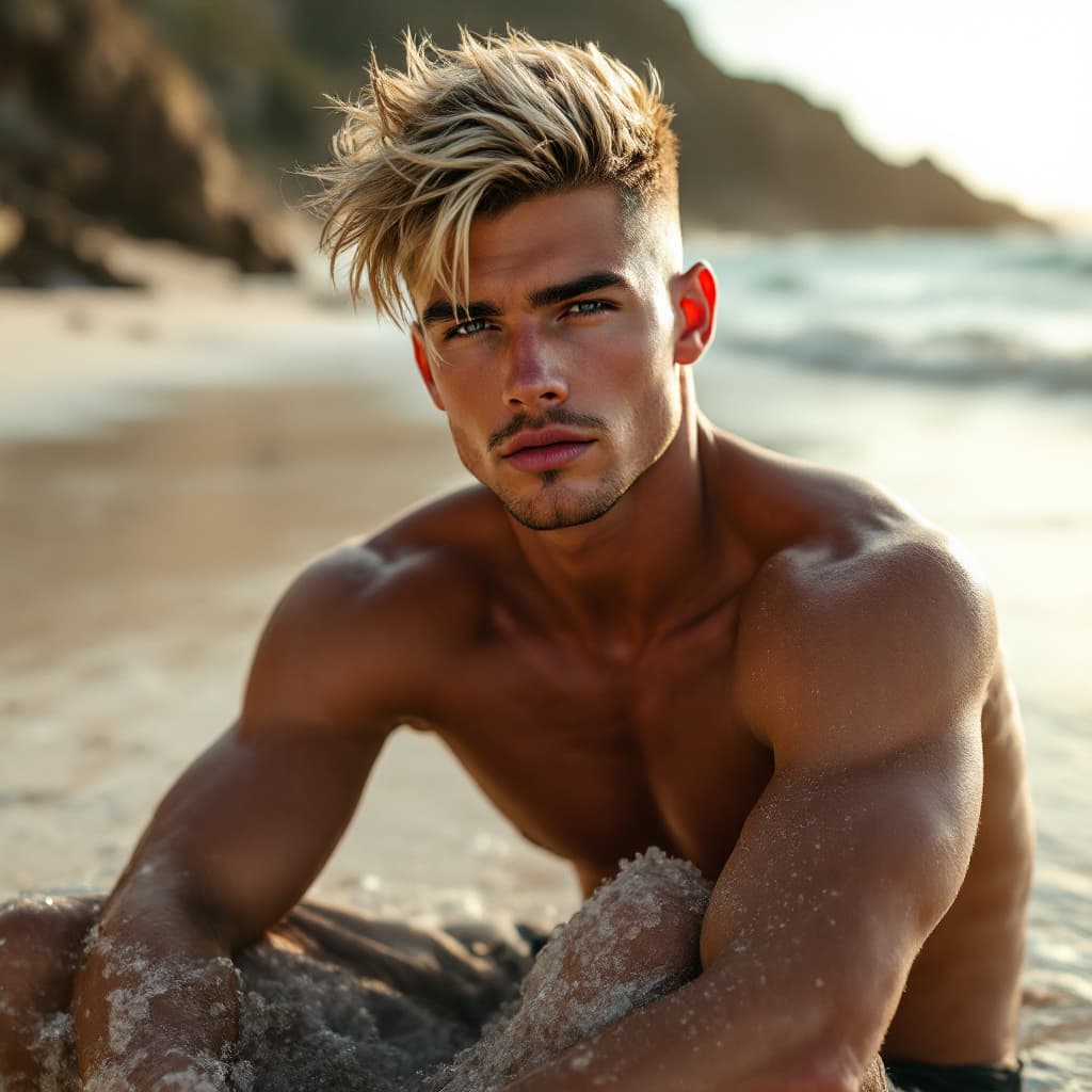 AI generated: Generate me hot male model with blonde fade hair. on beach 