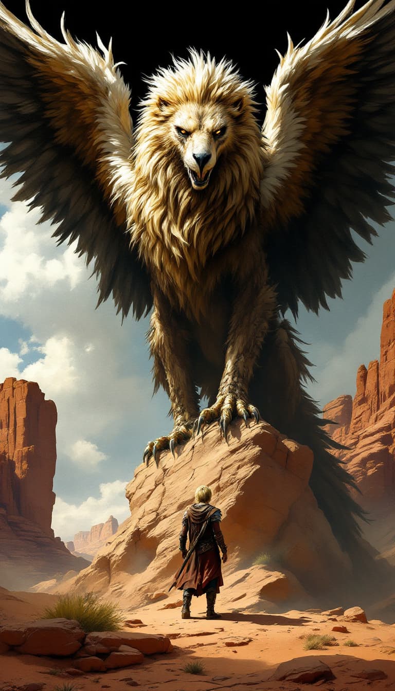 AI generated: Image is a fantasy scene featuring a large, majestic griffin with a lion's body and an eagle's head ...