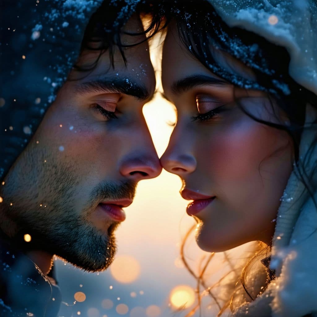 AI generated: a cinematic close-up of two faces, a man and a woman, almost touching but separated by soft transpar...