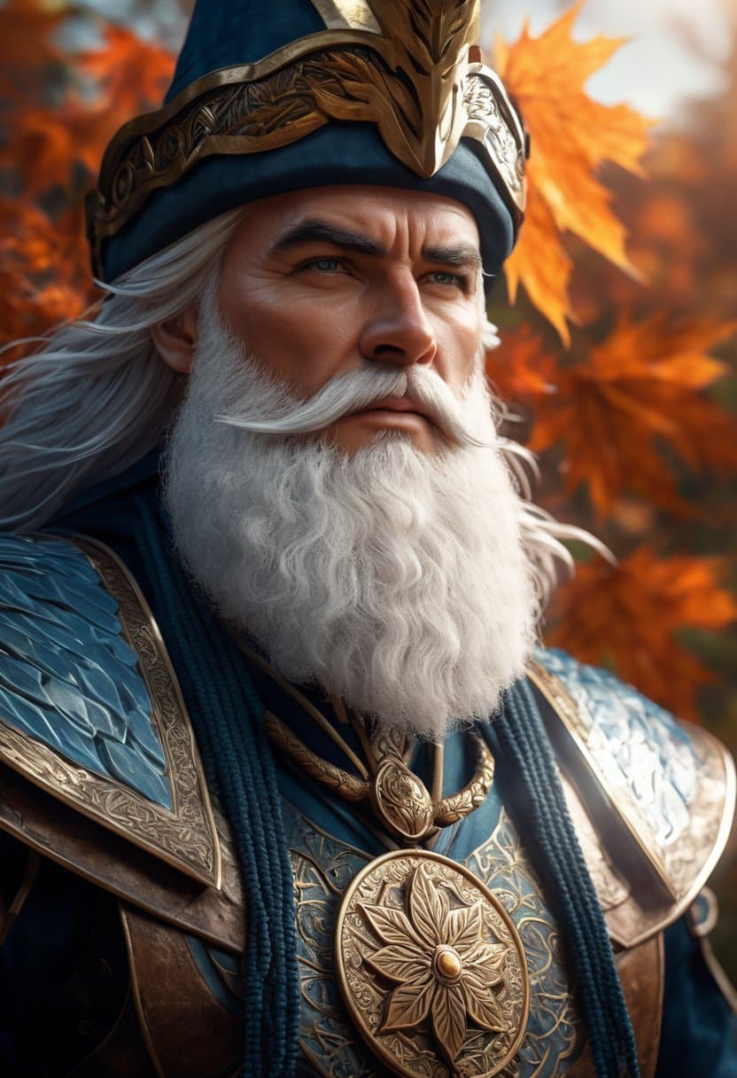 AI generated: (wind god Stribog:1.2), (an athlete with a white beard with maple leaves flying around:1.2), (forest...