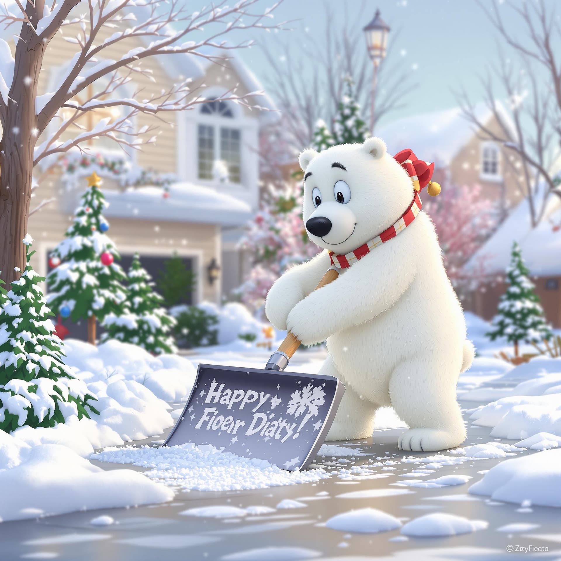 AI generated: 3d cartoon polar bear shovelling snow from driveways
