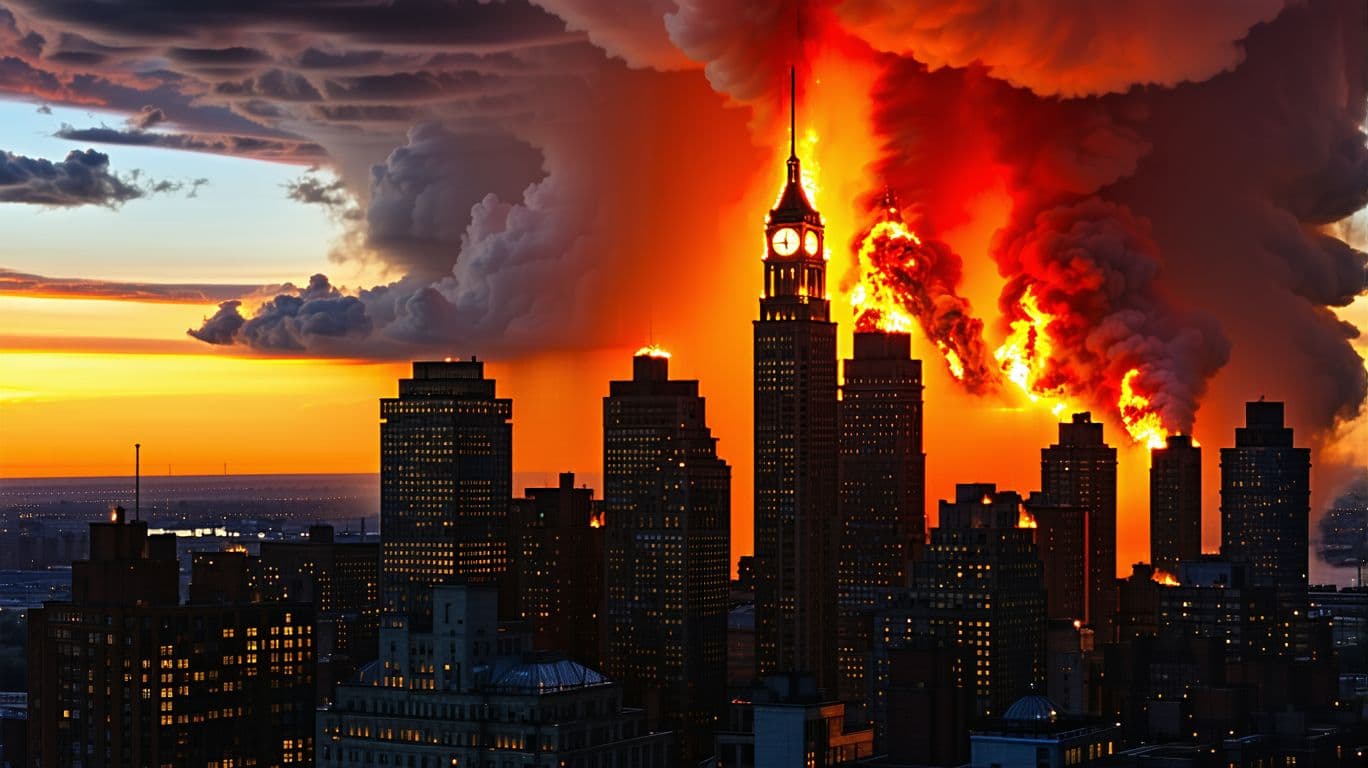 AI generated: sunset in the city with a building and a clock tower, dramatic sunset, sky on fire, dramatic sunset ...