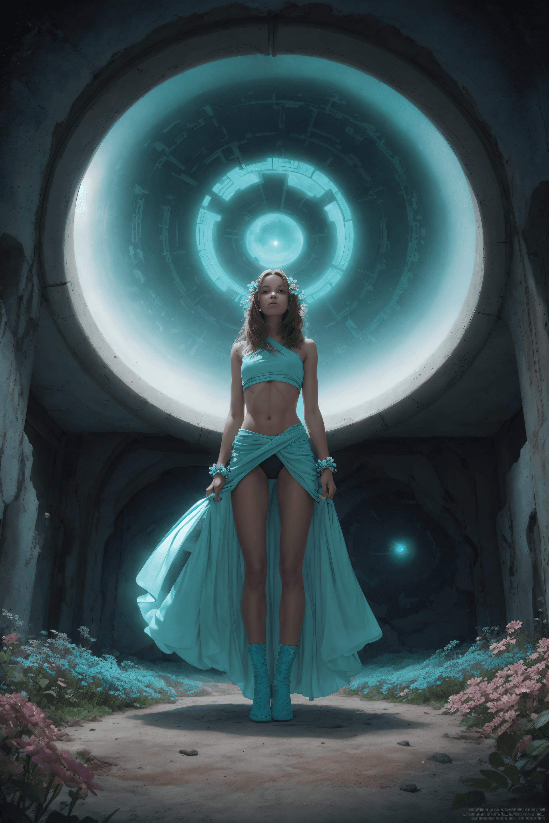 AI generated: awardwinning Redshift render, Glow In The Dark, surreal, overhead angle of a Heavenly Flowery buff M...