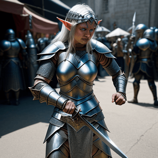 AI generated: Elf, warrior woman in chainmail armour weilding a flaming sword. She is a fierce warrior on the batt...