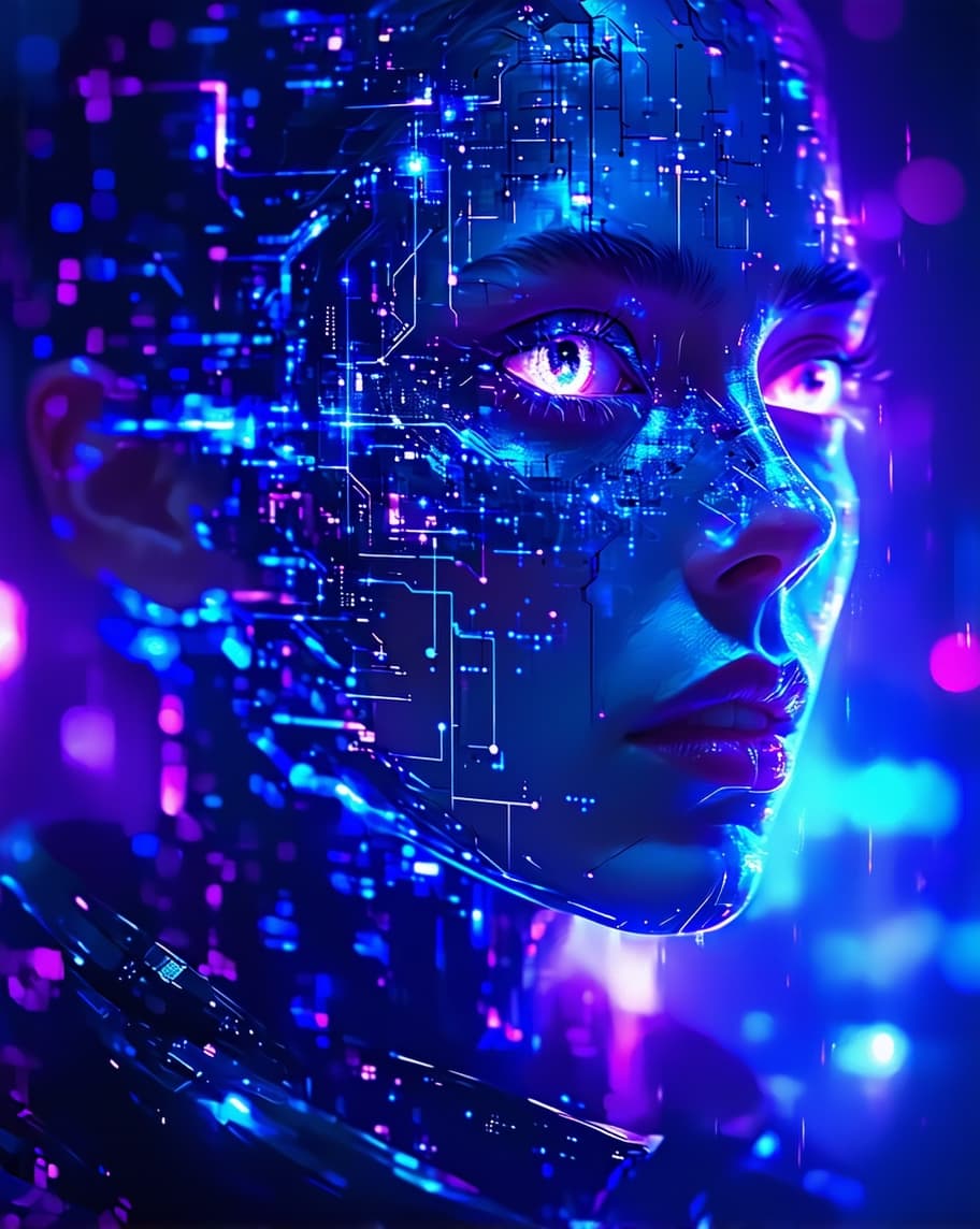 AI generated: A hyper-realistic cyberpunk portrait of a person dissolving into digital particles. Their face is pa...