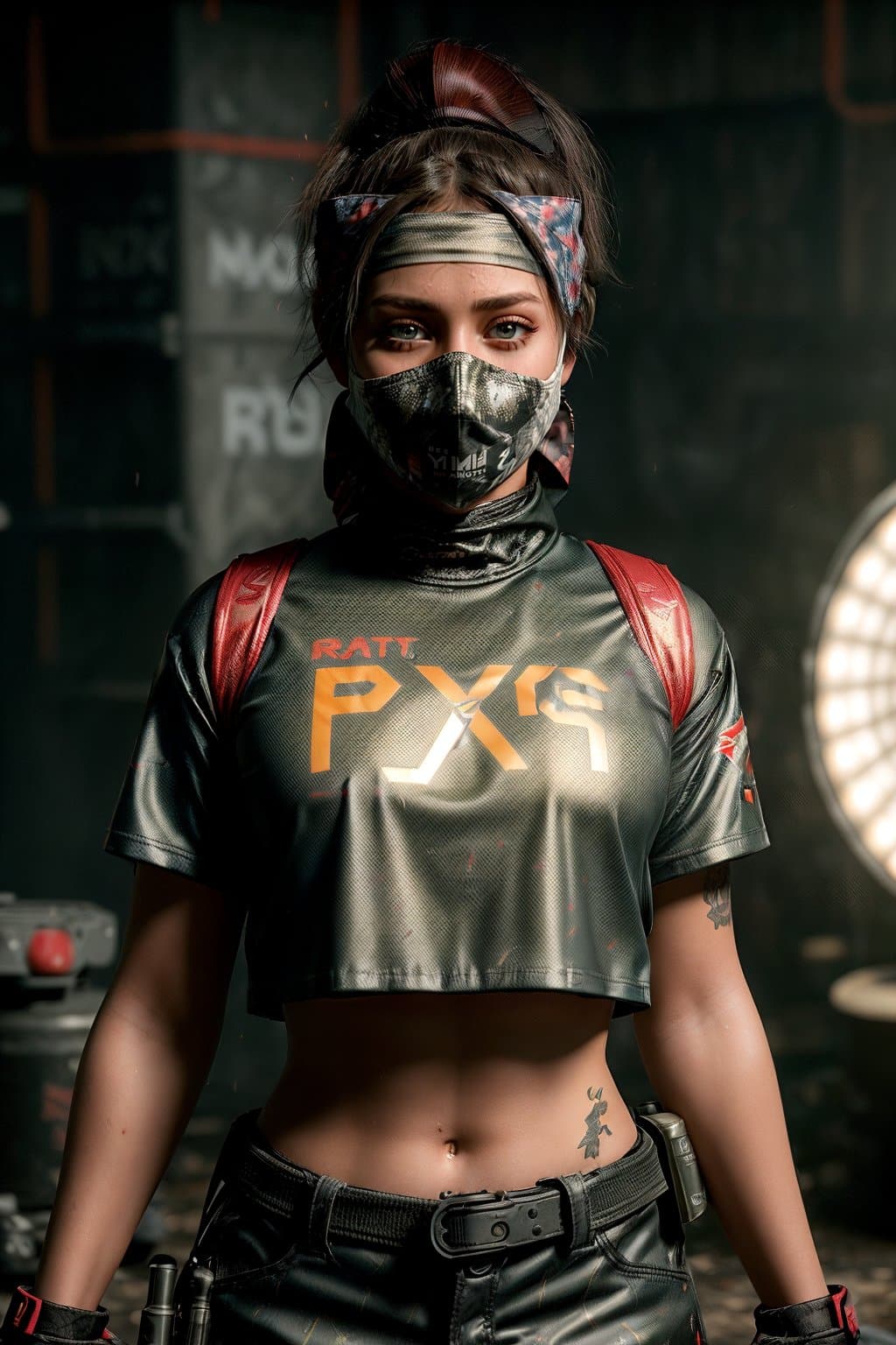 AI generated: (Girl paintball master:1.3) red bandana, mask, short chest, rim light, beautiful Lighting, 8k, stunn...