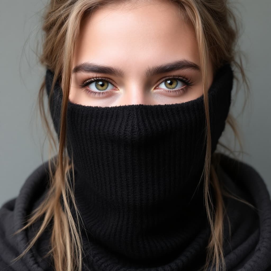 AI generated: a black ribbed knit skimask, two holes for the eyes, one hole for the mouth