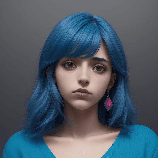 AI generated: Créame un personaje adolecente femenino pelo largo azul oscuro Con un cubo atado al cuello color azu...