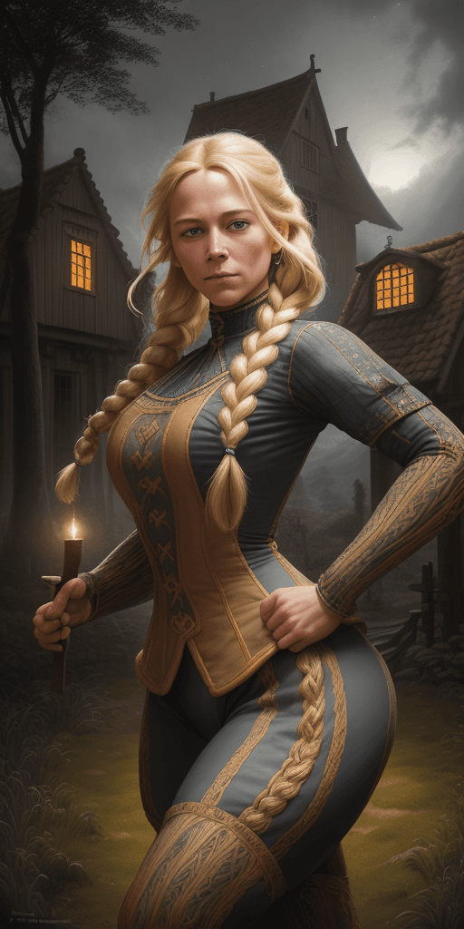 AI generated: portrait of a woman with huge beautiful blonde braid, wearing tight-fitting Dutch folk costume outfi...
