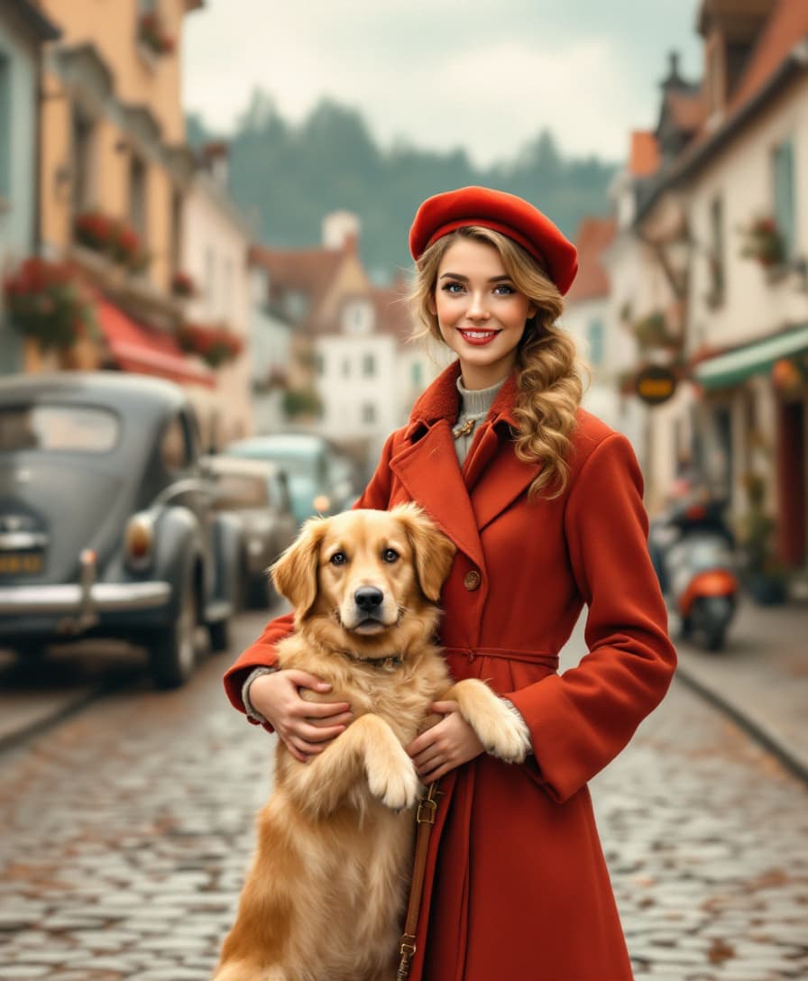 AI generated: A woman dressed in a red coat and red beret stands confidently with her loyal golden retriever in a ...