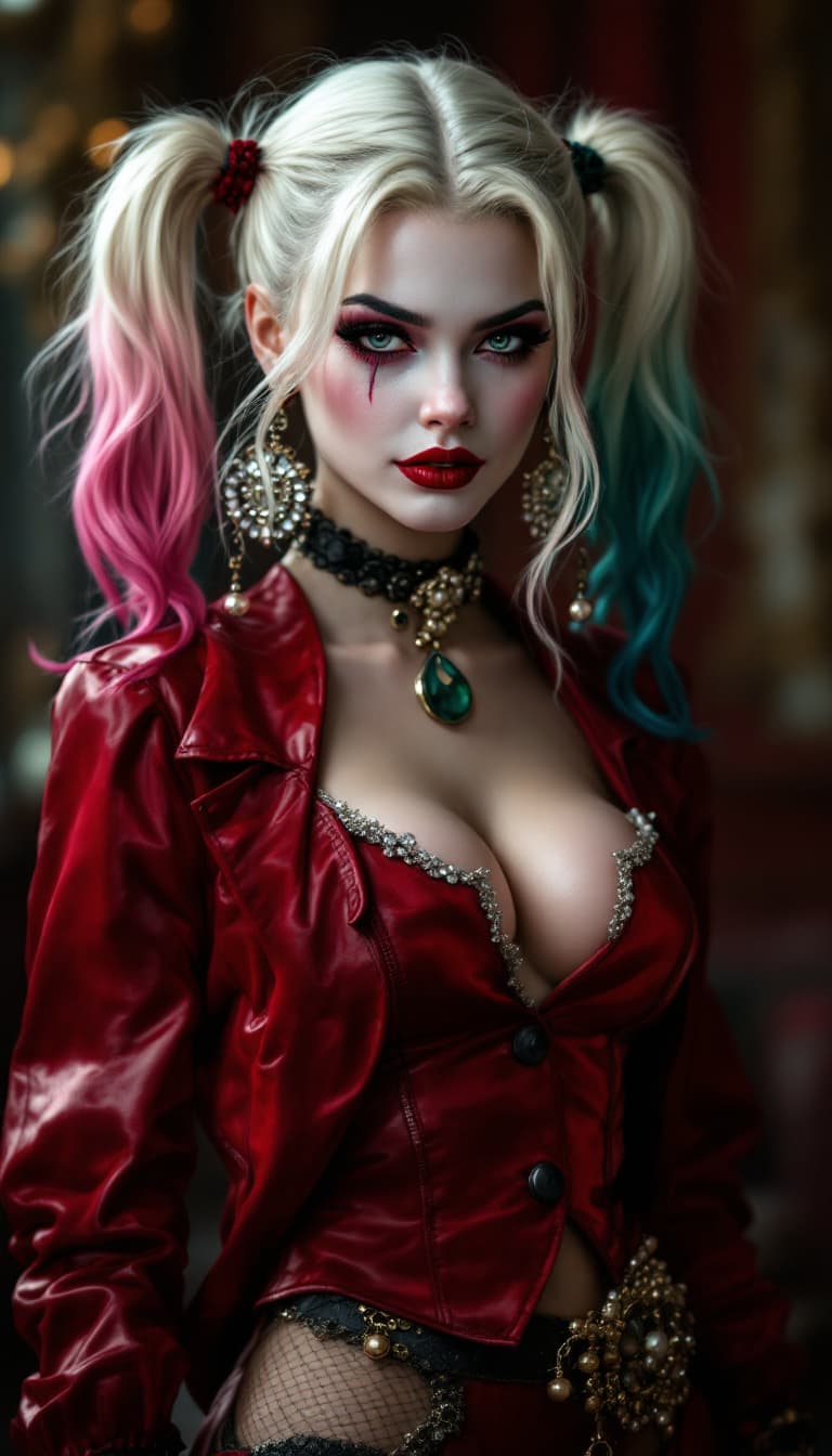 AI generated:  photo realism fictional character harley quin dressed in a chic elegant fashion maner, full shot ed...