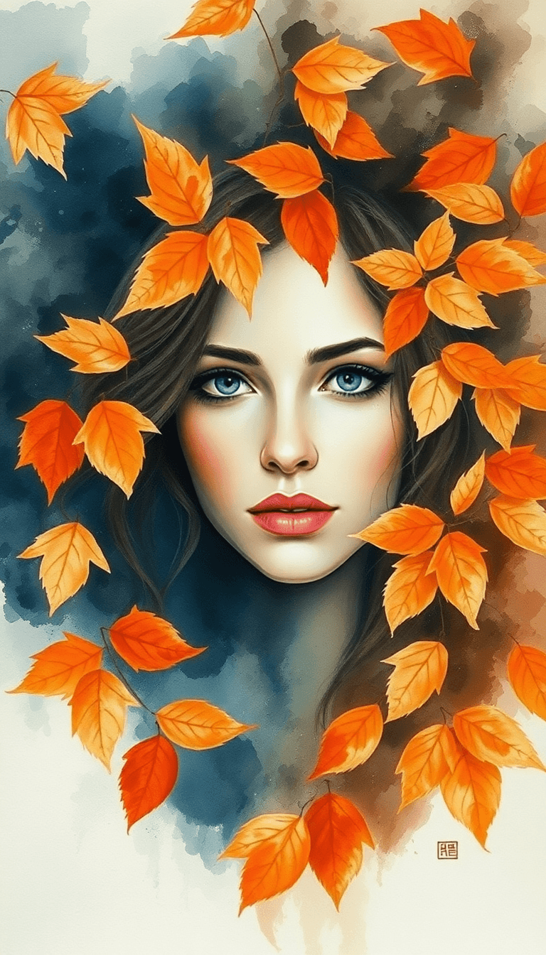 AI generated: A surreal watercolor portrait of a woman's face emerging through a swirling cascade of autumn leaves...