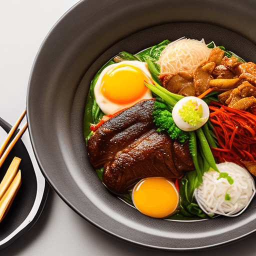 AI generated: Food photography, pempek palembang, bibimbap, top view,in a luxurious Michelin kitchen style, studio...