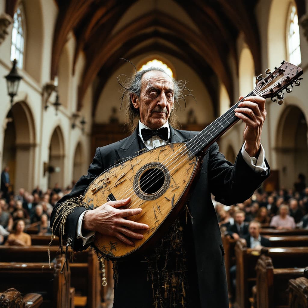 AI generated: Salvador Dalí holding a vandalized lute in church. The church is filled photo models.