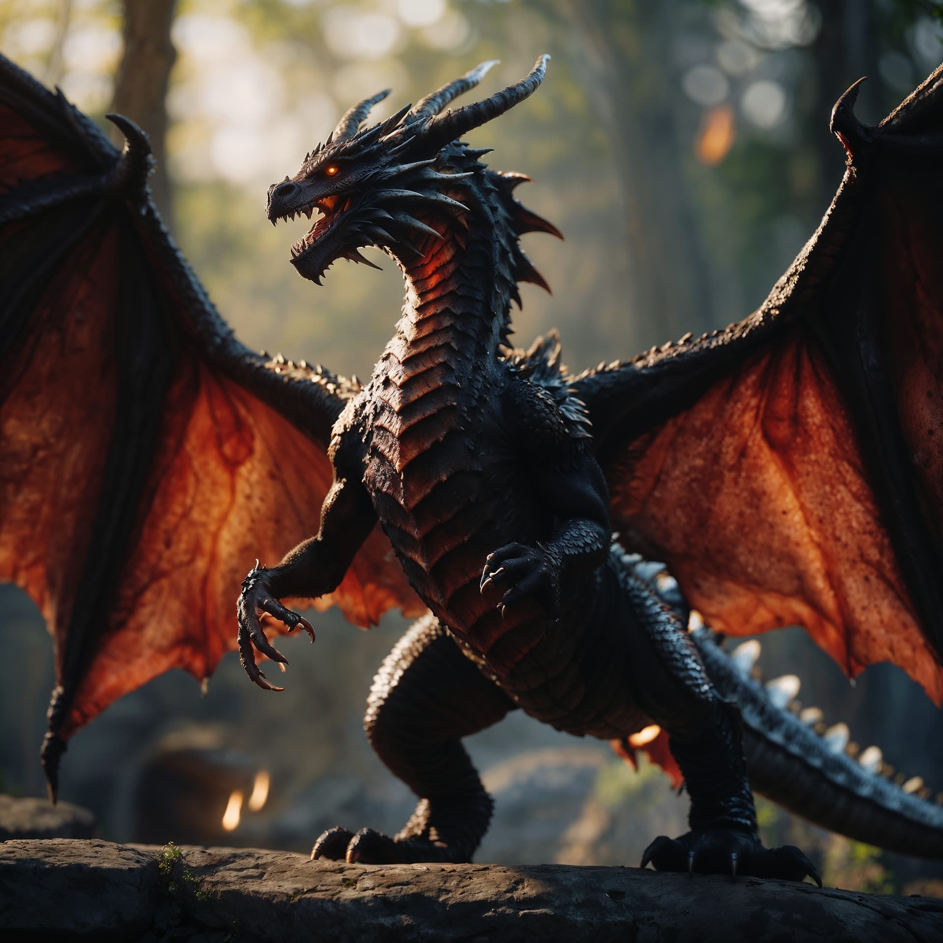 AI generated: a red and black dragon spreading its wings Unreal Engine 5, beautiful dark 8k resolution bokeh

