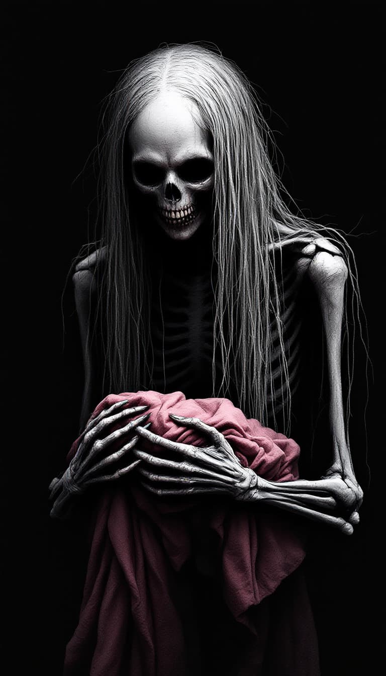 AI generated: creepy black ink drawing of a Terrifying skeletal female figure with long stringy hair , sunken, twi...