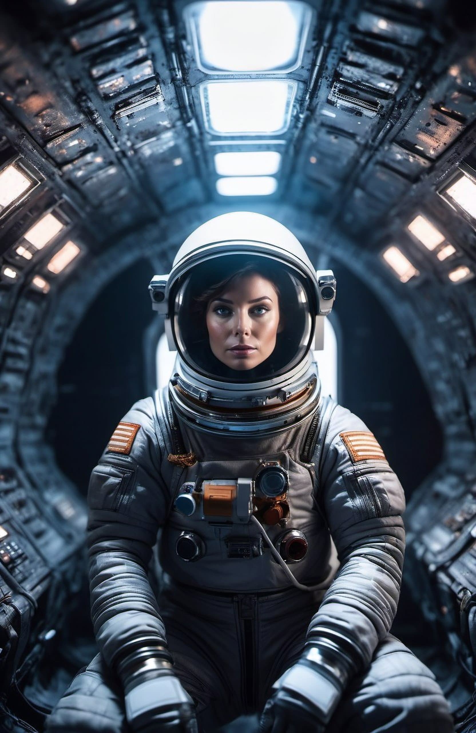 AI generated: classicnegative cinematic portrait photo, an astronaut in a rusty grey spacesuit on an abandoned spa...