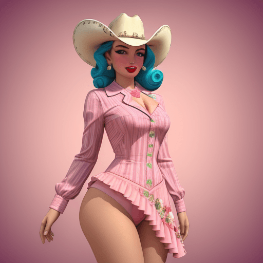 AI generated: 3D sticker with a beautiful pin-up style girl dressed in a pink cowboy outfit, full-length girl, Add...